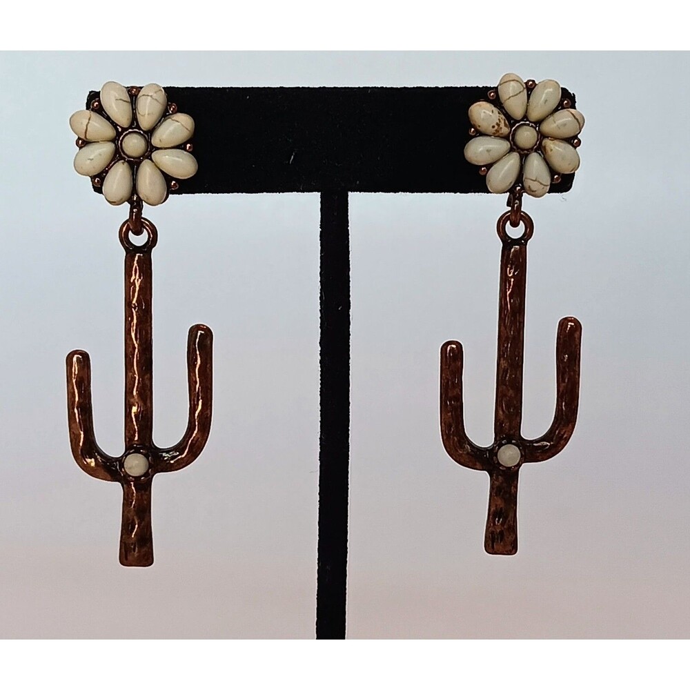 Boutique Copper Tone Faux Howlite Cactus Earrings 3.5 in